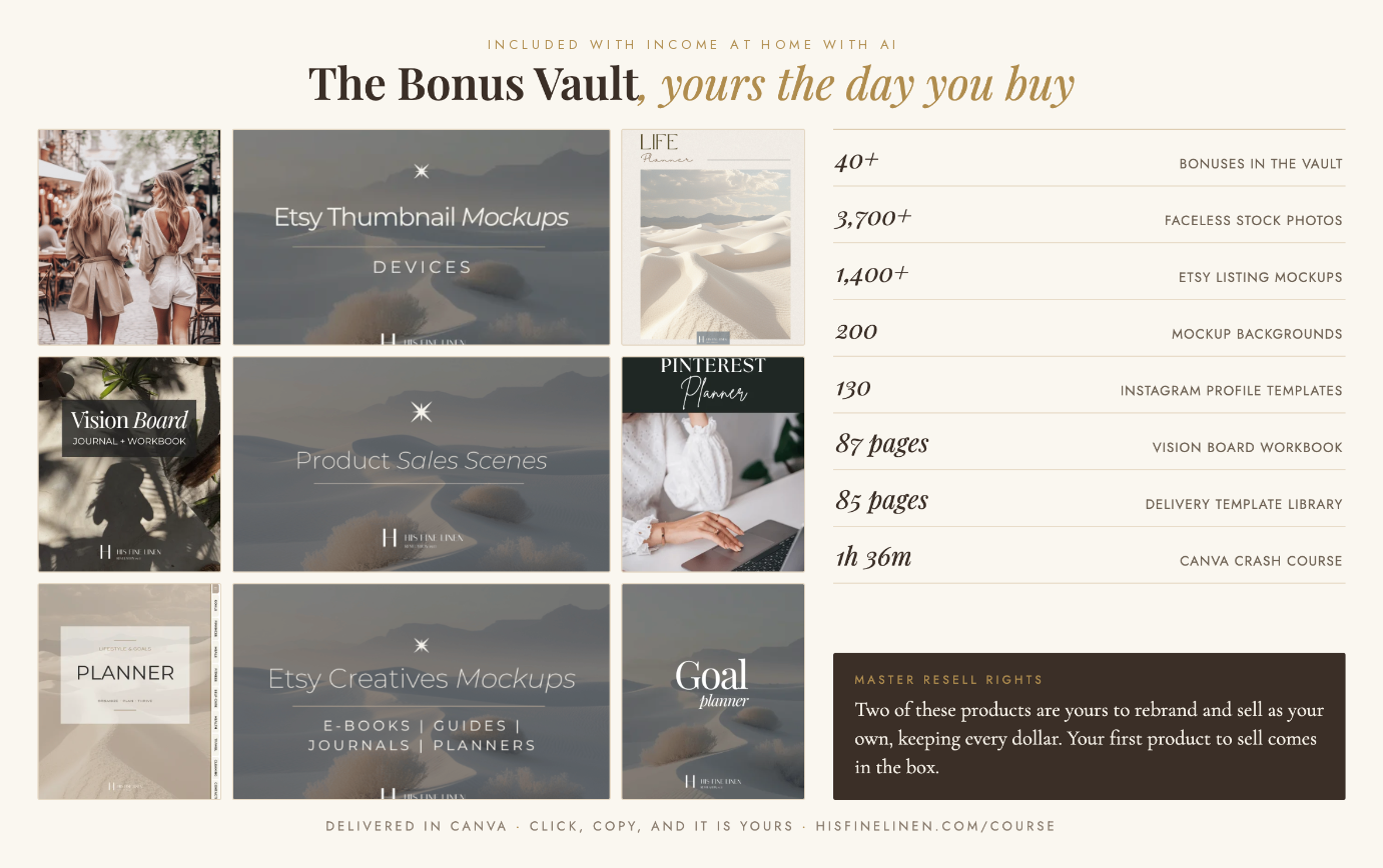 The Bonus Vault: previews of the Canva bonuses included with the course